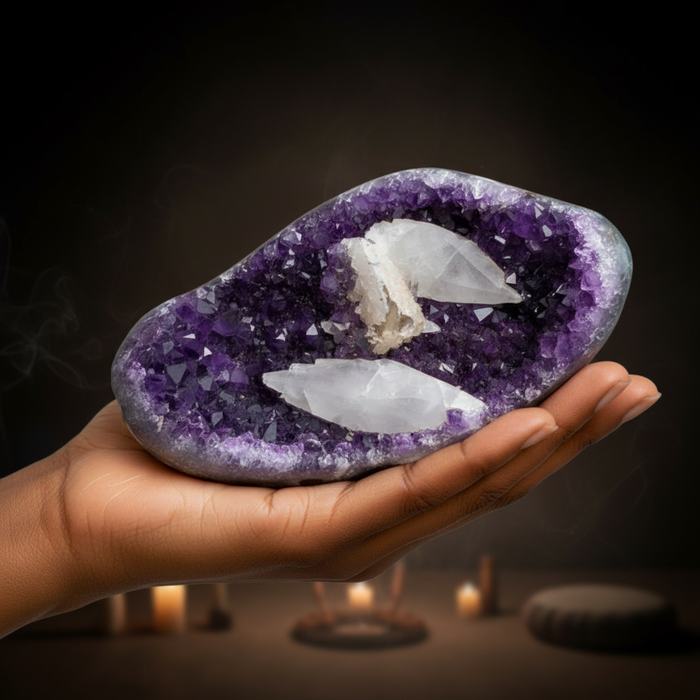 Hand holding a large purple amethyst crystal with visible white crystals inside against a neutral background