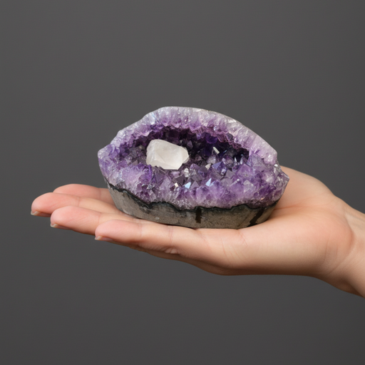 Hand holding a large amethyst crystal against a gray background