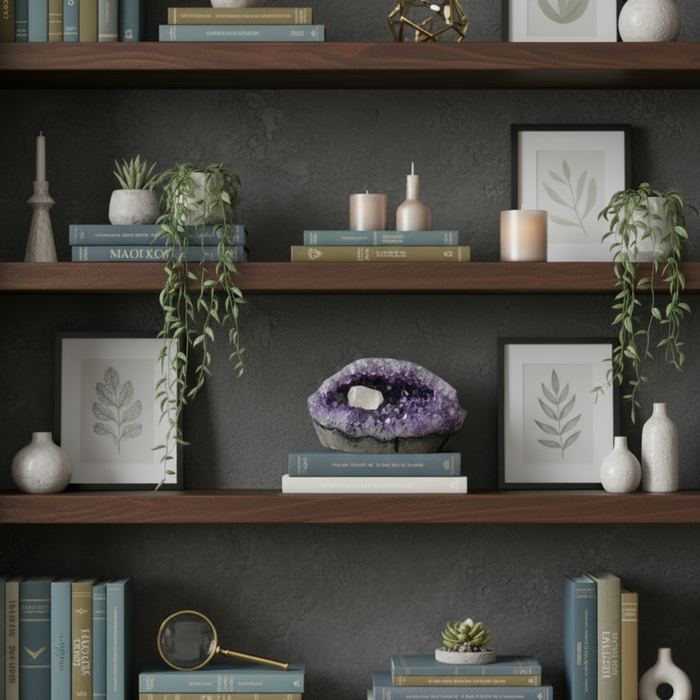 Decorative bookshelf with books, plants, and a geode against a dark wall.