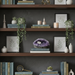 Decorative bookshelf with books, plants, and a geode against a dark wall.