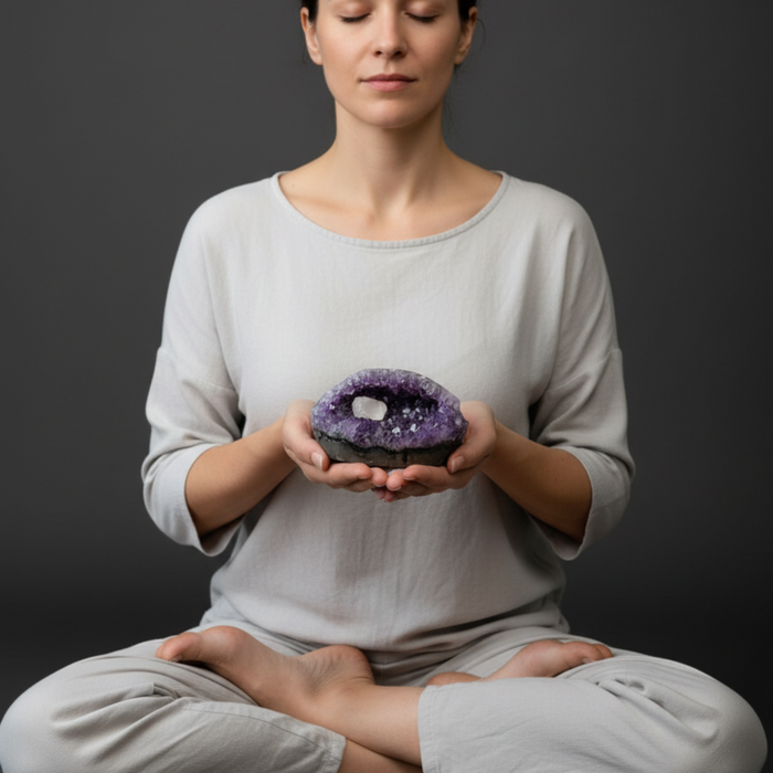 Woman in a meditative pose holding a purple crystal against a dark background