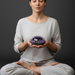 Woman in a meditative pose holding a purple crystal against a dark background