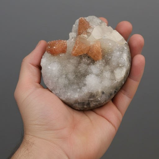 Hand holding quartz and calcite geode
