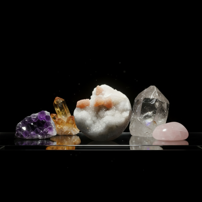 Collection of various crystals on a reflective surface with a black background