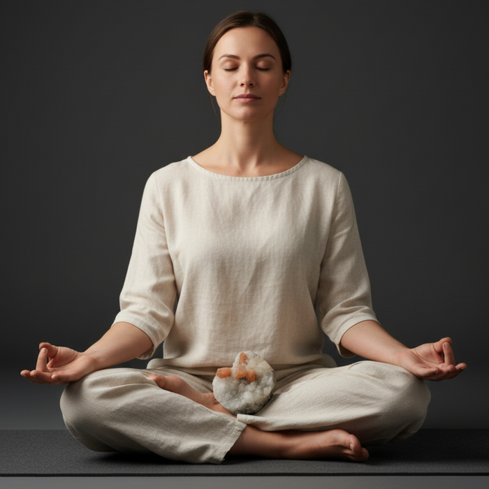 woman meditating with quartz geode crystal