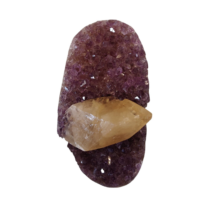 Amethyst crystal with a yellow crystal embedded inside