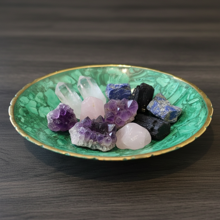 Green machine bowl filled with raw crystals 