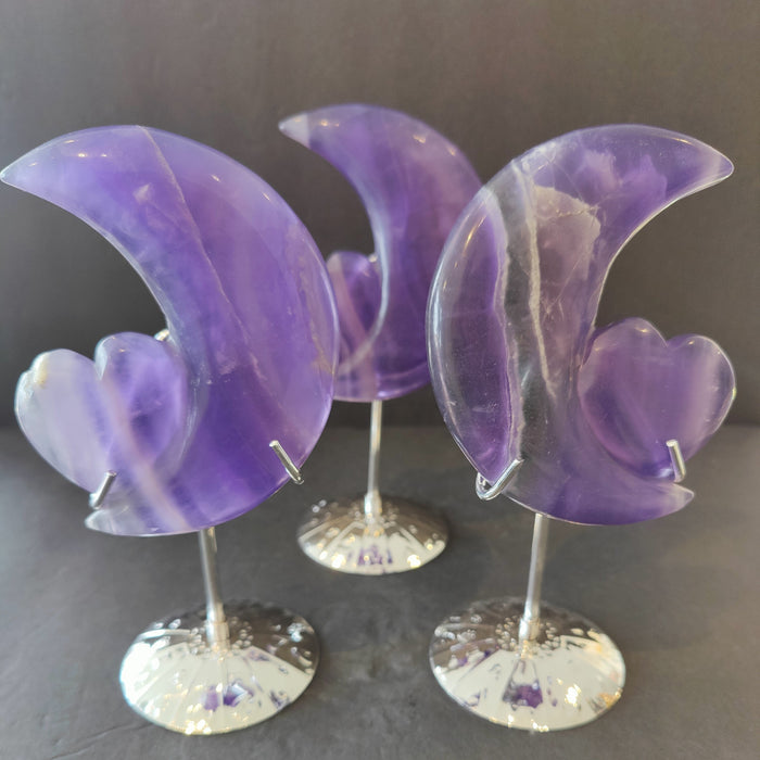 Fluorite Heart & Moon Crystal Lunar Carving Metal Stand