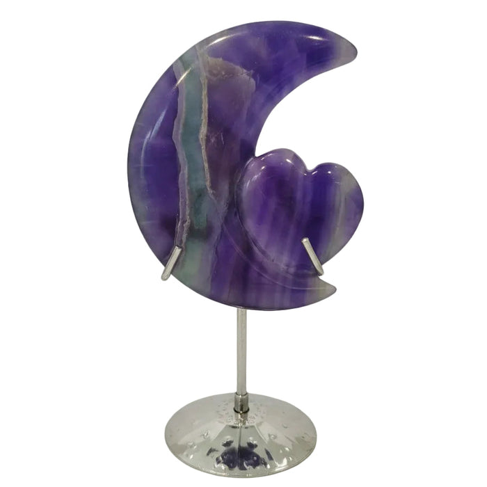 Fluorite Heart & Moon Crystal Lunar Carving Metal Stand