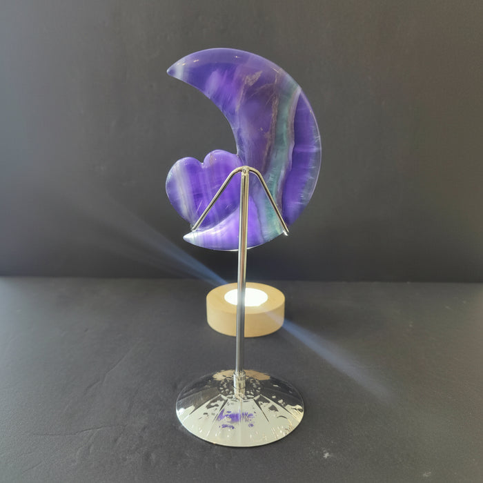 Fluorite Heart & Moon Crystal Lunar Carving Metal Stand
