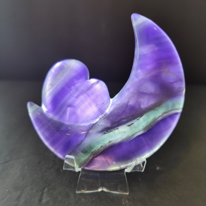 Fluorite Heart & Moon Crystal Lunar Carving Metal Stand