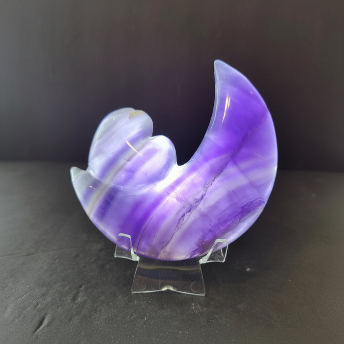Fluorite Heart & Moon Crystal Lunar Carving Metal Stand