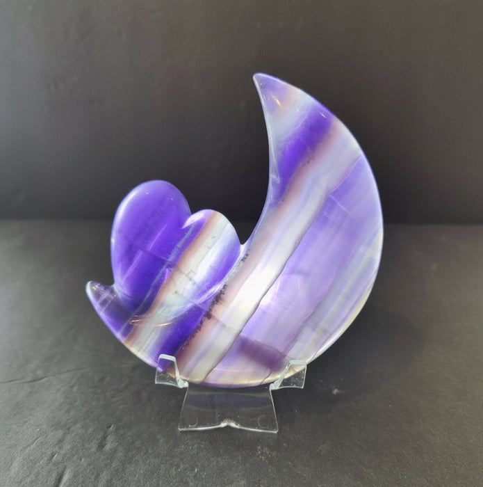 Fluorite Heart & Moon Crystal Lunar Carving Metal Stand