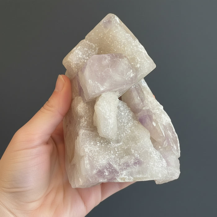 Hand holding a crystal rock with a textured surface