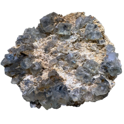 Fluorite Mineral sample with crystal formations on a white background