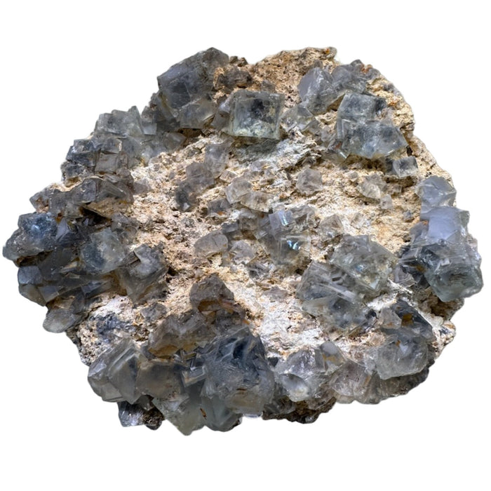 Fluorite Mineral sample with crystal formations on a white background