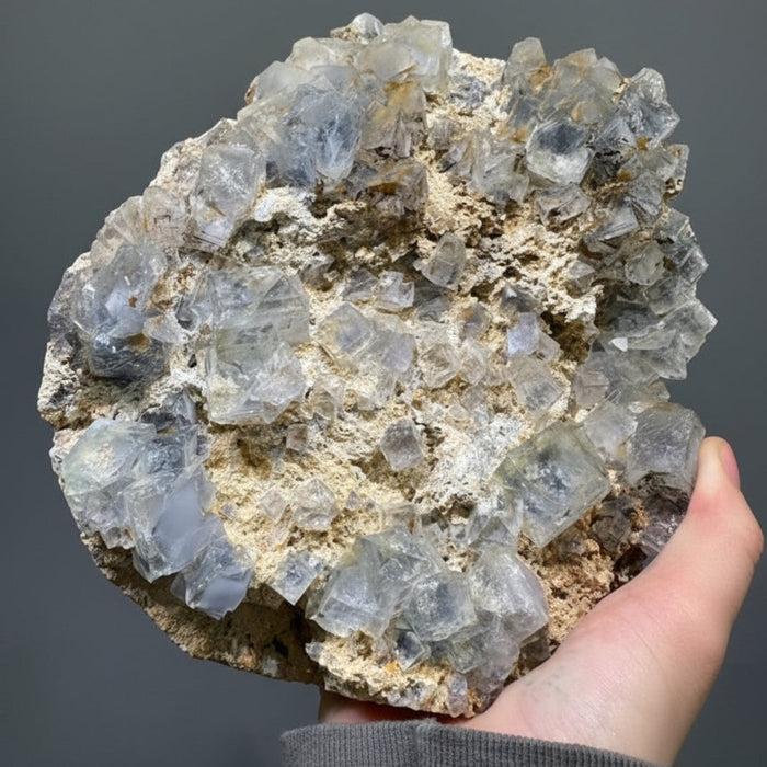 Hand holding a large fluorite crystal cluster against a gray background