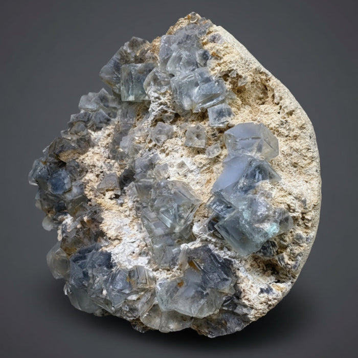 Crystal rock formation on a stand with a reflective background
