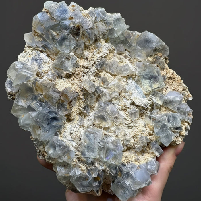Fluorite mineral sample held in hand against a dark background