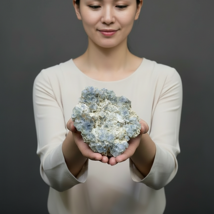 Woman holding a large crystal formation against a dark background