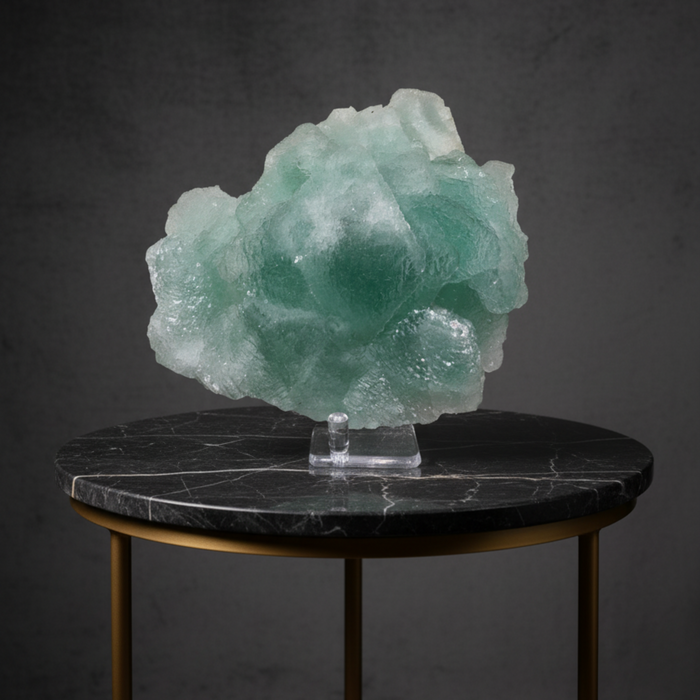 Green crystal on a black marble table against a dark background