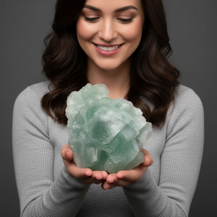Woman holding a large green fluiorite crystal against a dark background