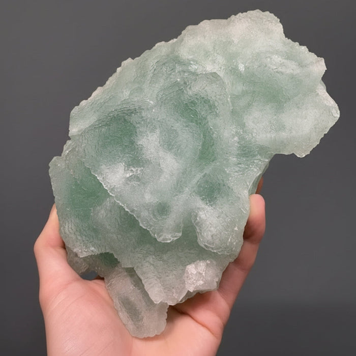 Hand holding a large green fluorite crystal against a gray background