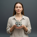 Woman in a meditative pose holding crystals against a dark background