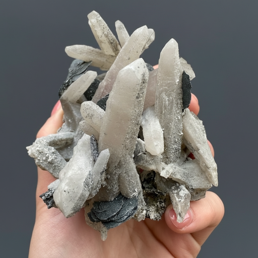 Hand holding a cluster of gray and white crystals against a dark background