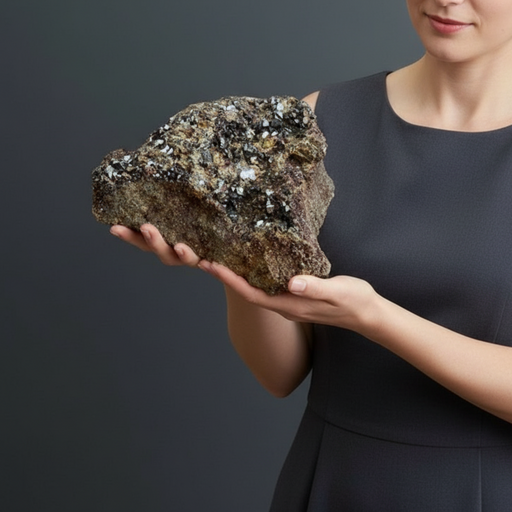 Person holding a large garnet crystal specimen against a dark background