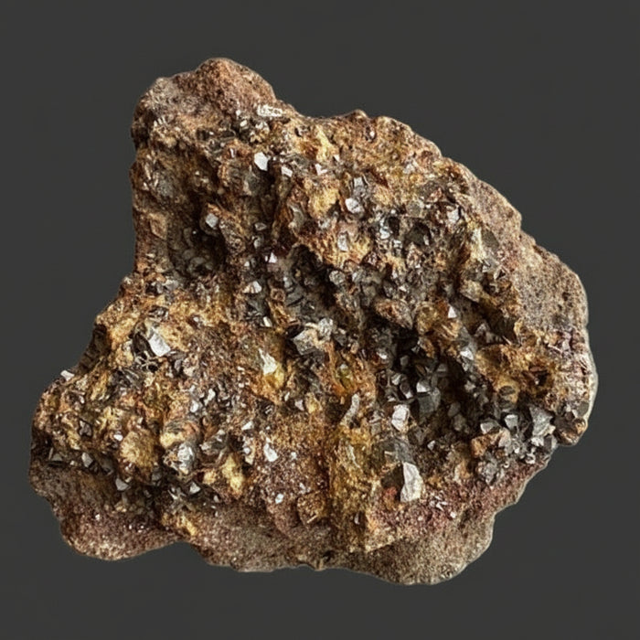 Garnet mineral sample with a dark brown and gray color on a black background