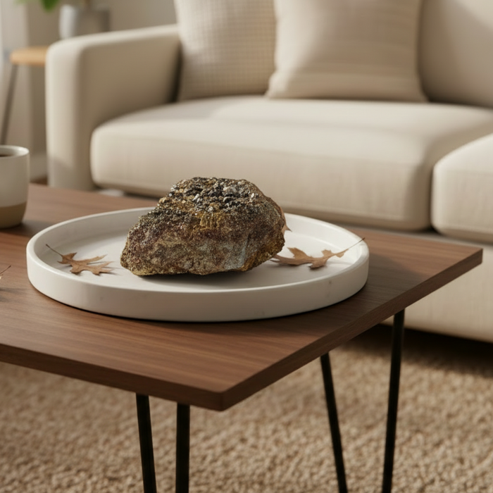 Wooden coffee table with a garnet stone on a white plate in a living room setting.