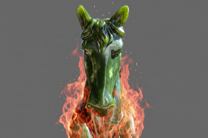 Green jade horse head sculpture with fire on a gray background