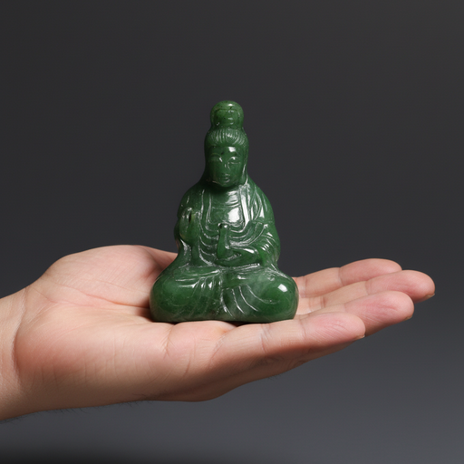 Green jade statue of a seated figure held in a hand against a dark background