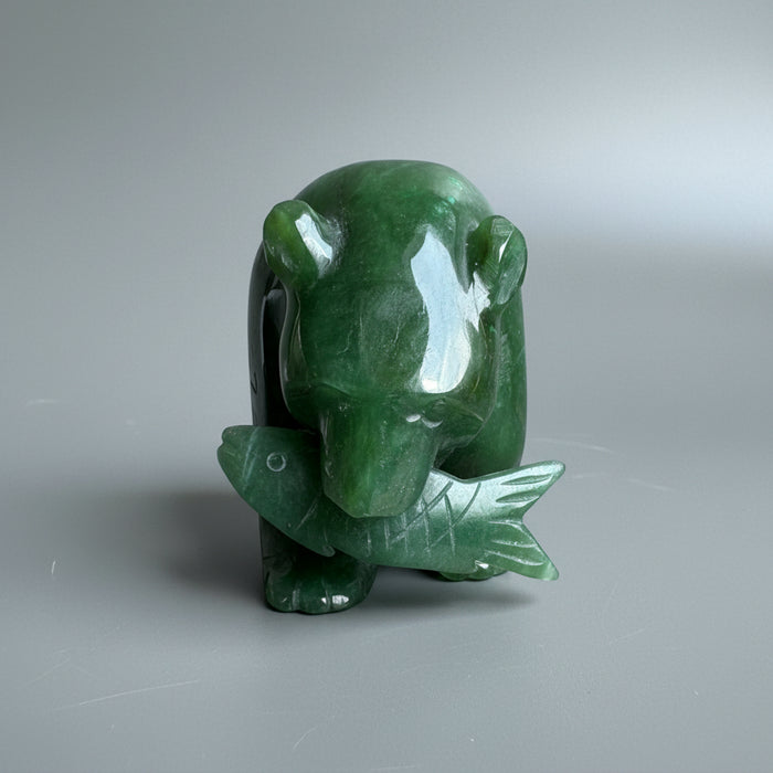 Jade Bear with Fish Green Grizzly Guardian Animal Statue