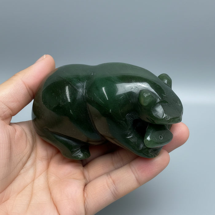 Jade Bear with Fish Green Grizzly Guardian Animal Statue