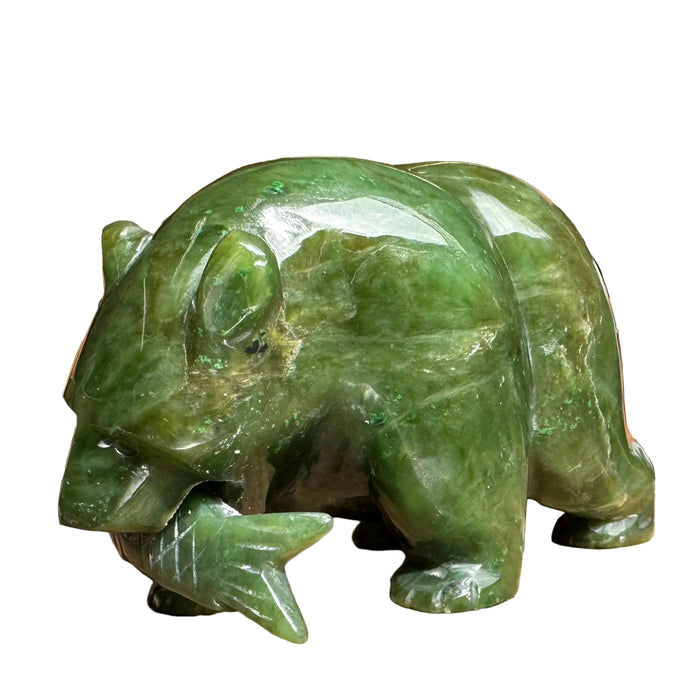 Jade Bear with Fish Green Grizzly Guardian Animal Statue