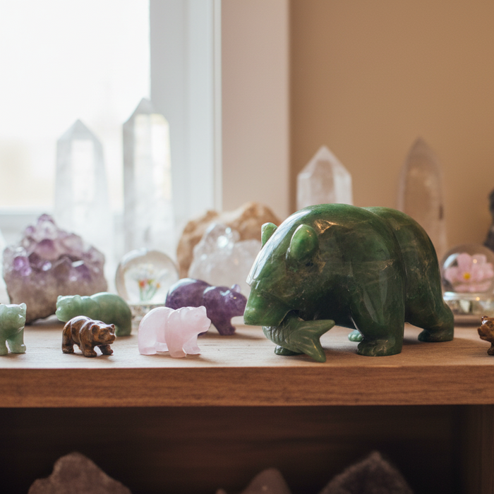 Jade Bear with Fish Green Grizzly Guardian Animal Statue