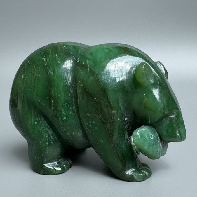 Jade Bear with Fish Green Grizzly Guardian Animal Statue