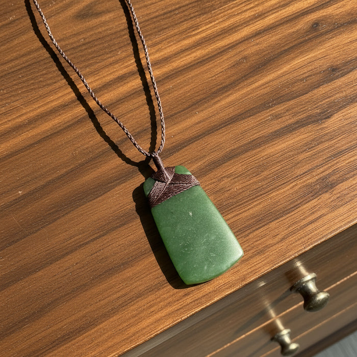 Green pendant on a brown cord with leaves in the background