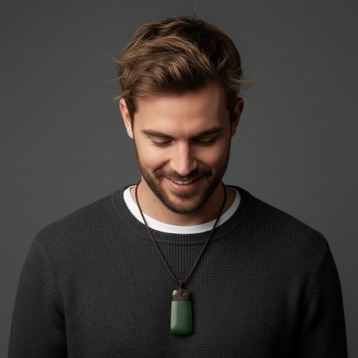 Man wearing a dark sweater with a green jade pendant necklace on a gray background