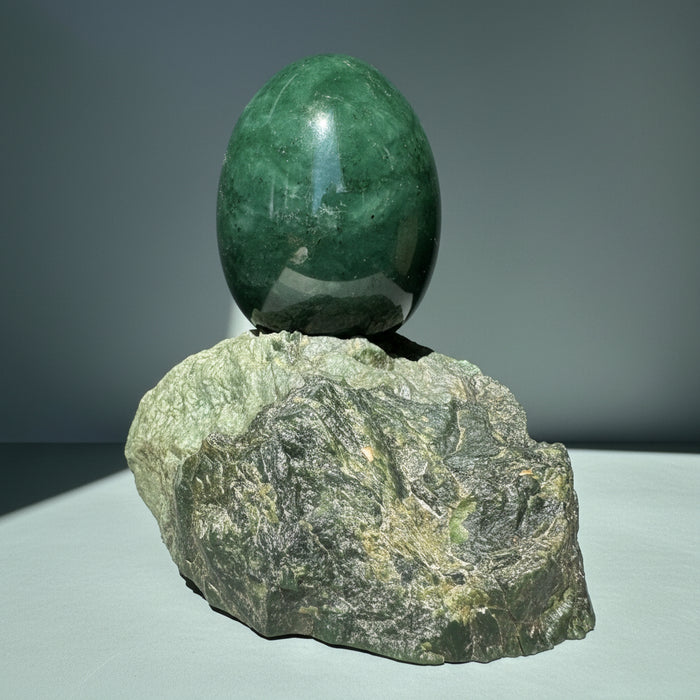 Jade Egg Prosperity Stone on Canadian Nephrite Rock 5 Inch
