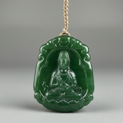 Green jade pendant with kwan yin figure on a gray background