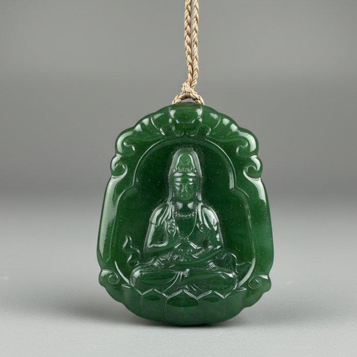 Green jade pendant with kwan yin figure on a gray background