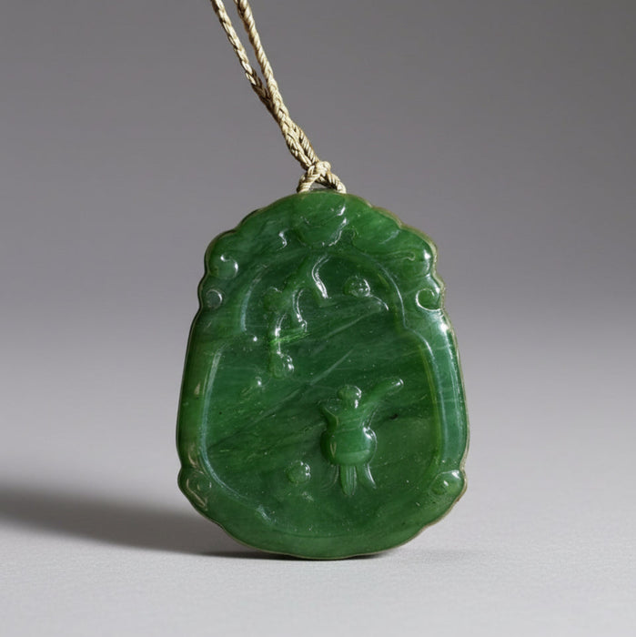 Green jade pendant on a gray background