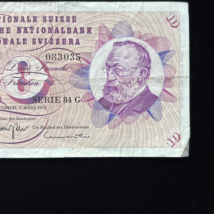Vintage Banknote 1973 Swiss 10 Francs Gottfried Keller Switzerland Currency Art