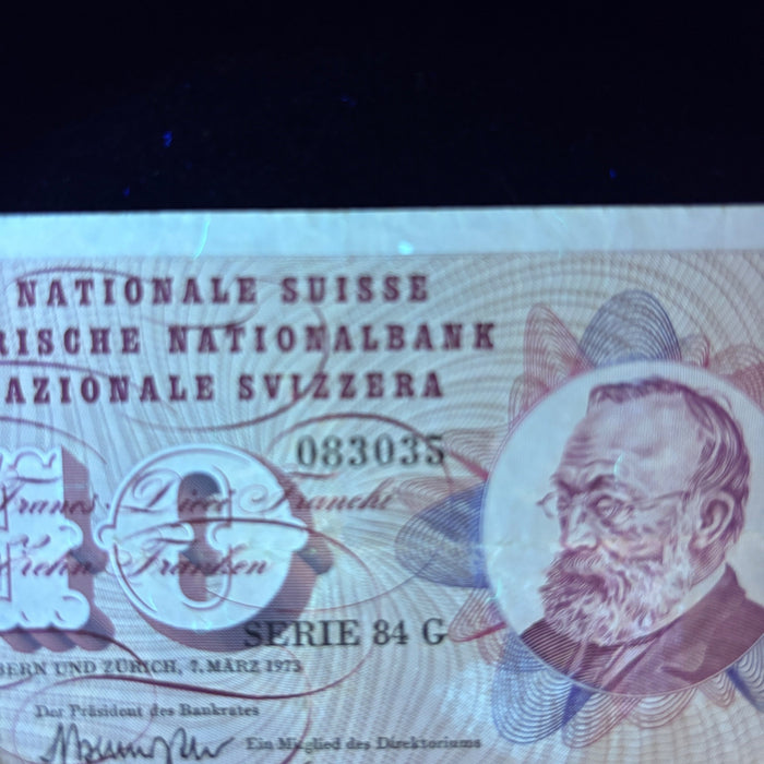 Vintage Banknote 1973 Swiss 10 Francs Gottfried Keller Switzerland Currency Art