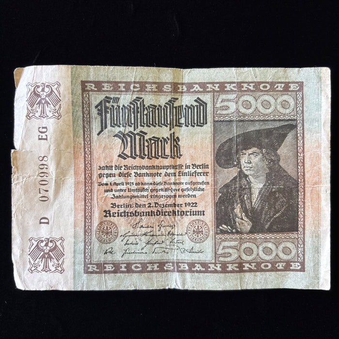 Antique Banknote 1922 German Hyperinflation Weimar 5000 Mark Relic Watermarked
