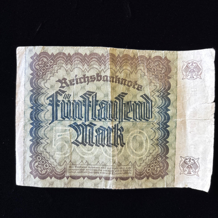 Antique Banknote 1922 German Hyperinflation Weimar 5000 Mark Relic Watermarked