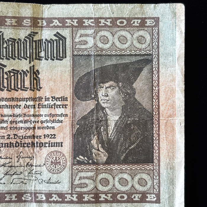 Antique Banknote 1922 German Hyperinflation Weimar 5000 Mark Relic Watermarked